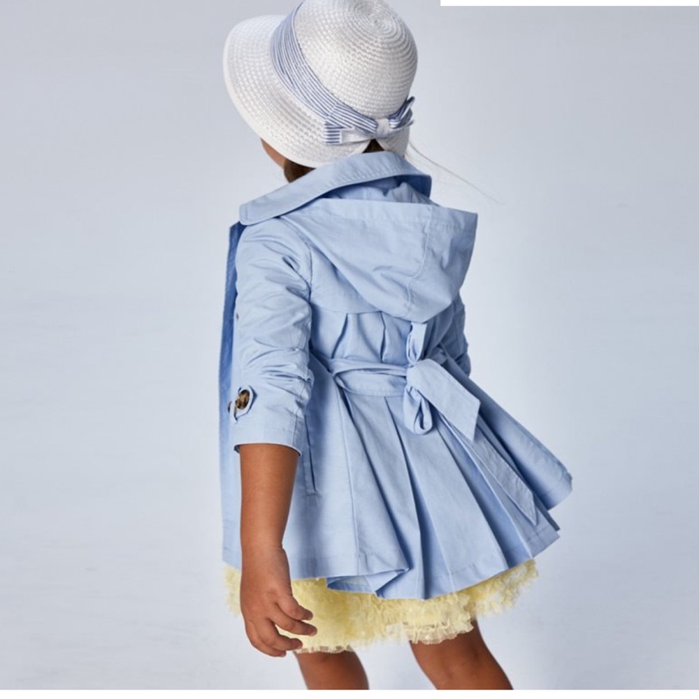 Mayoral Girls Light Blue Belted Trench Coat with a hood, size 8